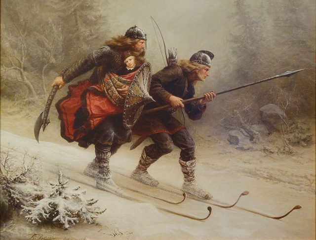 Maleriet Birkebeinerne av Knud Bergslien fra 1869. Birkebeinerne Torstein Skevla og Skjervald Skrukka frakter Håkon Håkonsson til Trondheim.