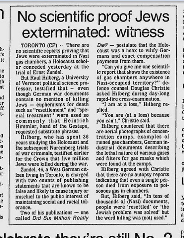 Det finnes ingen obduktionsrapport som styrker at et (1) eneste menneske ble gasset i tyske konsentrasjonsleirer -- "Utryddelsen" mangler tekniske bevis. Artikkel publisert i The Montreal Gazette den 18. januar 1985.