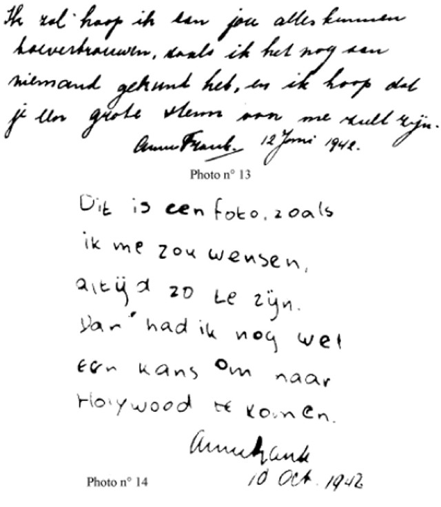 Det øverste er fra originalmanuskriptet til Anne Franks «dagbok» og er datert 12. juni 1942. Teksten nedenfor er fra 10. oktober 1942 og er Anne Franks notater på baksiden av et fotografi.