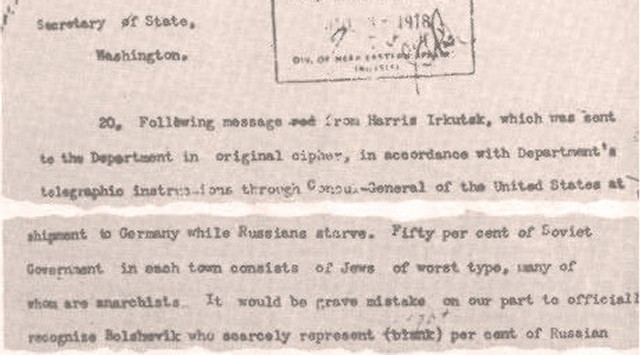 Telegram fra John K. Caldwell, konsul i Vladivostok, til det amerikanske utenriksdepartementet.