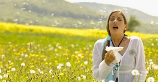 Woman sneezing with tissue in meadow