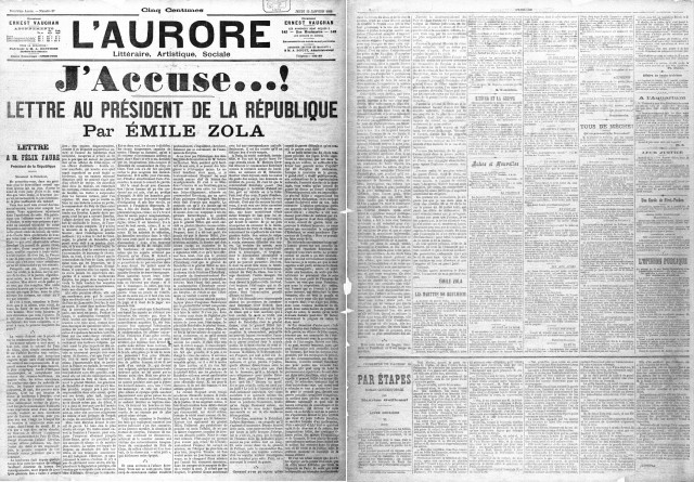 Émile Zola angriper hæren og den franske nasjonalstoltheten i artikkelen «J’accuse» (Jeg anklager). Klikk for å forstørre.