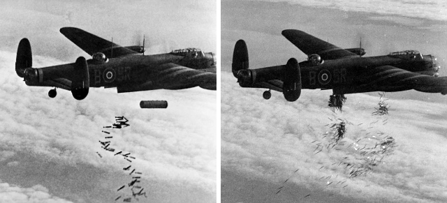 Britiske Lancaster-fly slipper sprengbomber (til venstre) og brannbomber (til høyre).