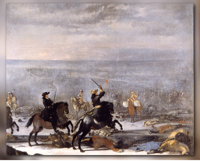 Karl XI (til høyre) og Erik Dahlbergh tar seg gjennom de danske linjene. Maleriet gjengir en episode da Karl XI, som trodde han befant seg på den svenske siden, forsøker å beordre en dansk trommeslager å gi ordre om angrep. Maleri av Johan Philip Lemke.