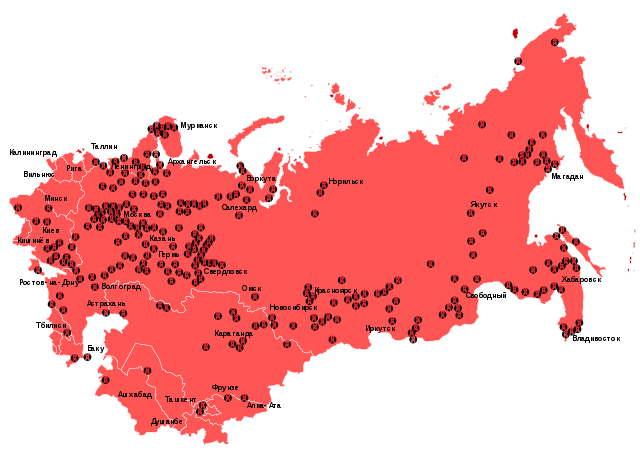 Kart over gulagleirene.