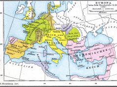 Kart over Europa ved Teoderik den stores død år 526. Det gule er Østgoternes rike.