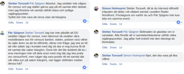 Diskusjon mellom Stefan Torssell, Pär Sjögren og Simon Holmqvist på Facebook.
