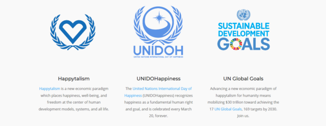 Happytalism og helsevesen, stjerne og sigd, samt global regnbuepolitikk er inkludert i logene for FNs nye verdensorden. 